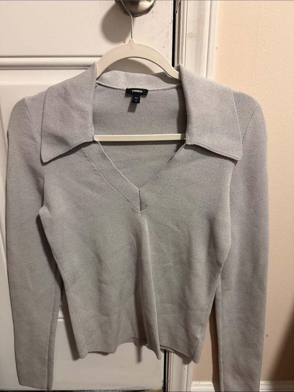 Express Light Gray Collared V-Neck Sweater